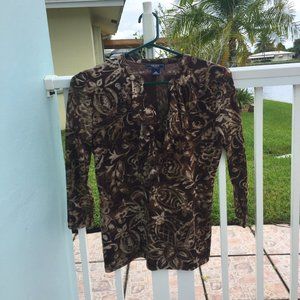 Chaps - Bown/Tan Floral Mesh Fabric Ruffle Top